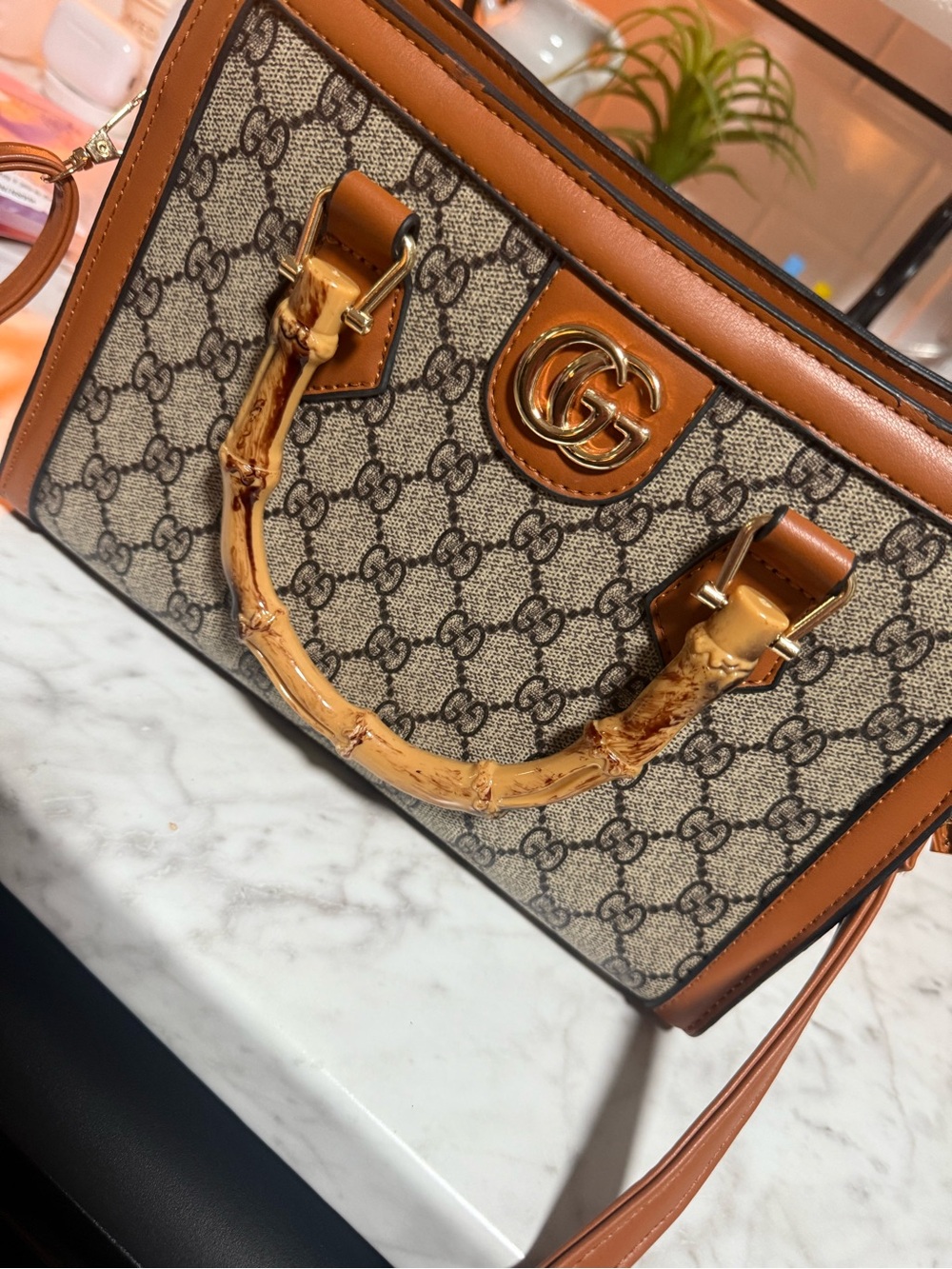Gucci Beige GG Supreme Canvas Satchel with Tan Leather & Bamboo Handle